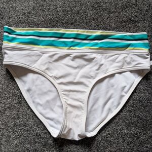 La Vie En Rose White Bikini Bottom with Teal and Yellow Stripe Waistband